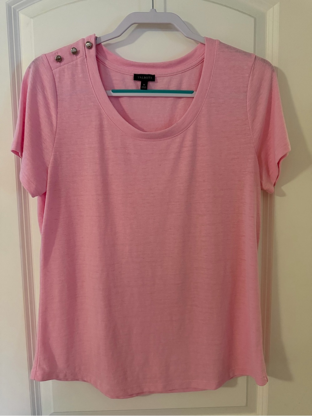 Talbots Light Pink Short-Sleeve Slub Tee with Shoulder Buttons